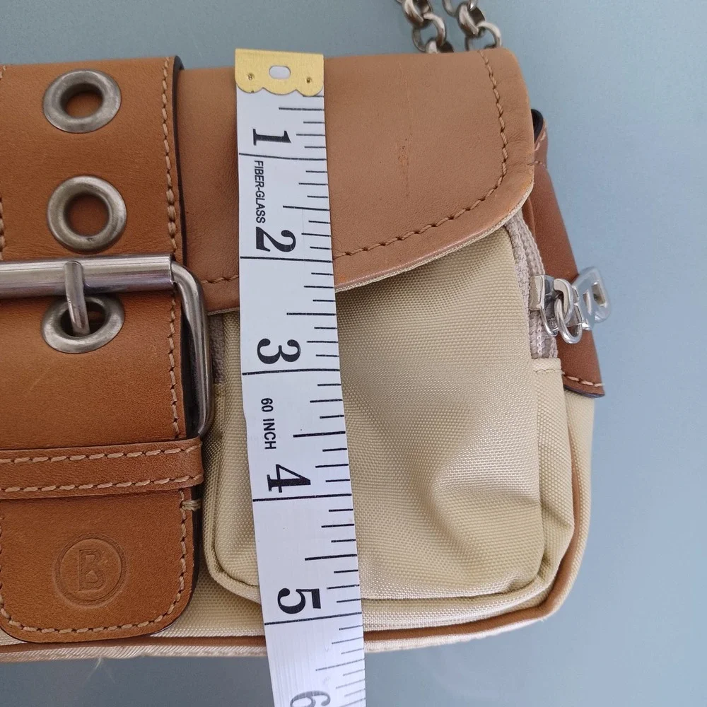 Bogner Tan Nylon Leather Buckle Baguette Shoulder‎ Bag Silver Chain Strap Y2K
